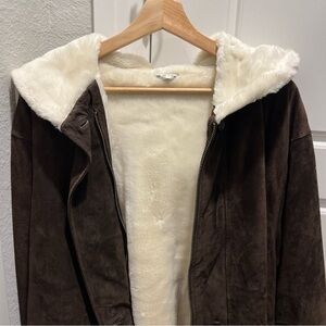 Marvin Richards Genuine Brown Suede Winter Coat with Cream Hood Size L